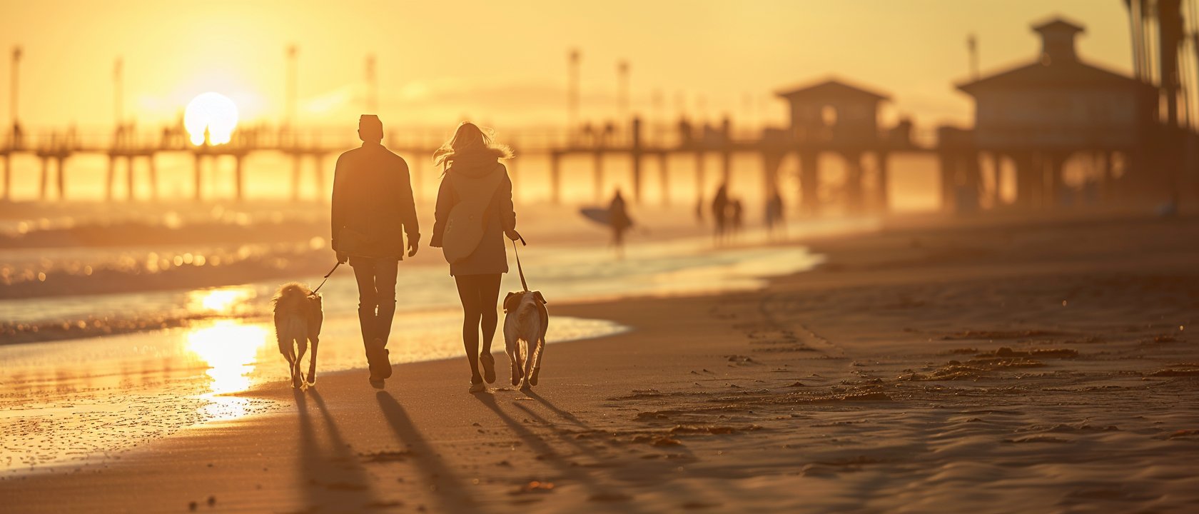Dog walking on Huntington Beach